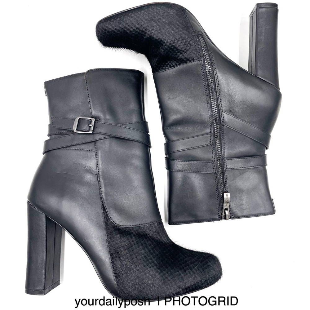 Artelier Nicole Miller black leather calf hair Jackie mid-calf heeled boots US 8